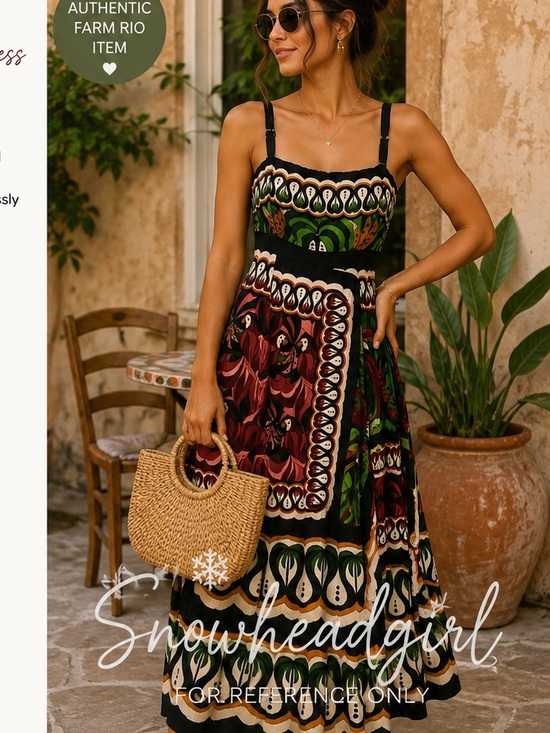FARM Rio Dresses & Skirts - FARM Rio Black Midi Dress with Green & Red Floral Panels